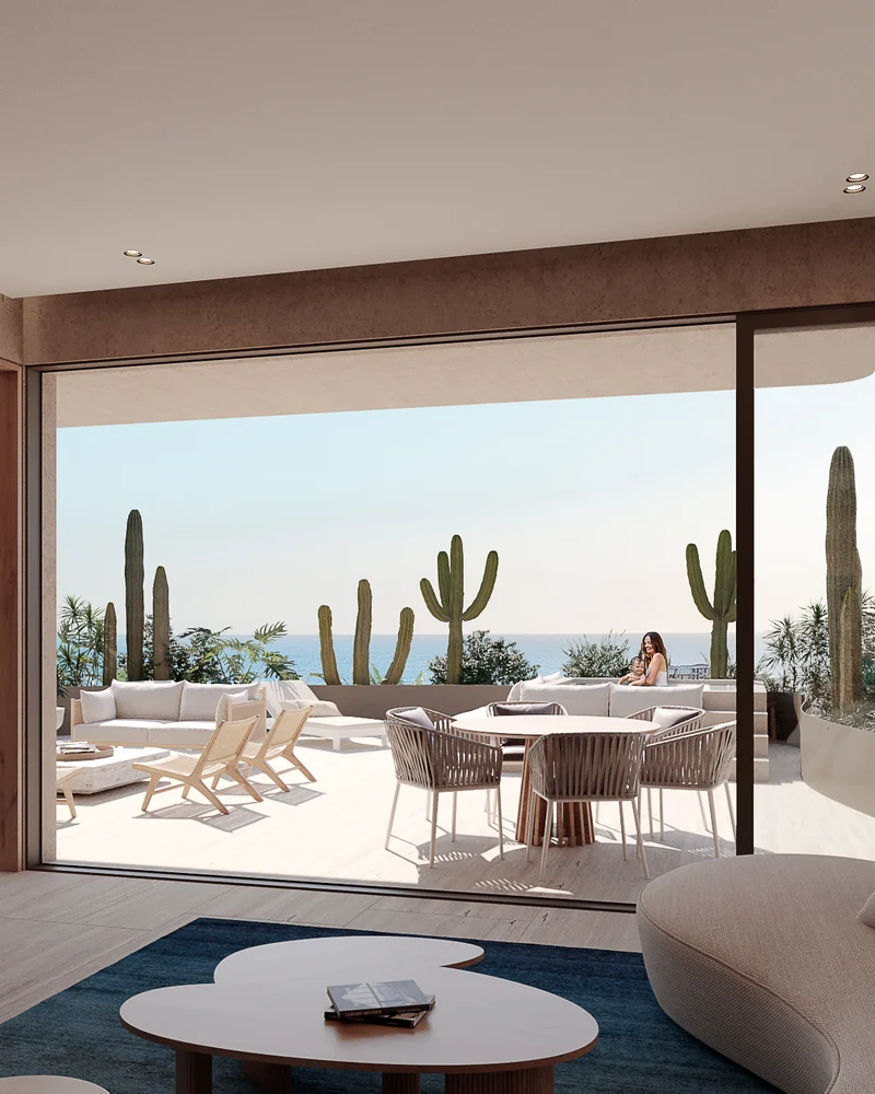 Sala de una Terrace Residence abierta a una terraza con jard&iacute;n